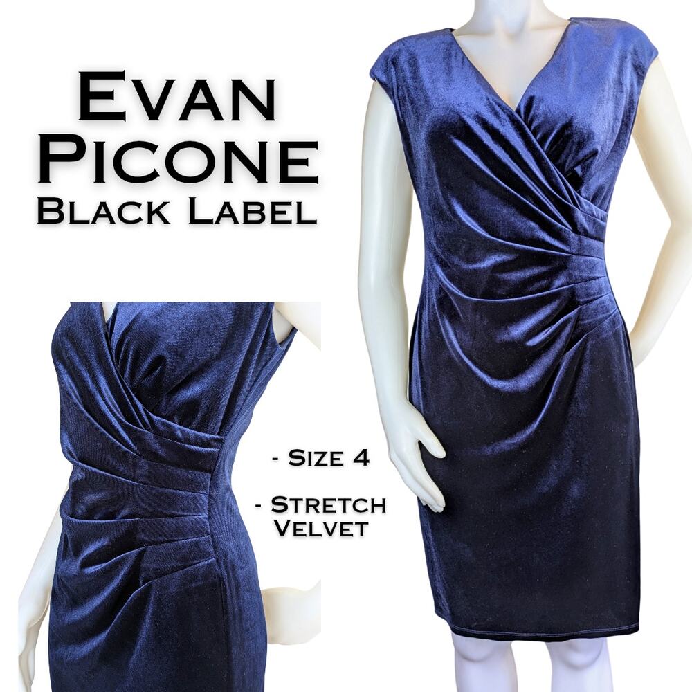 Evan Picone Velvet Sheath Dress 4 Deep Blue Sleeveless Ruched Evening Cocktail